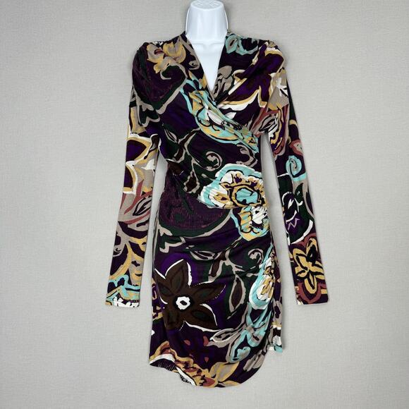M Missoni Dress Womens Medium Purple Floral Abstract Ruched Faux Wrap Cocktail - Picture 1 of 16